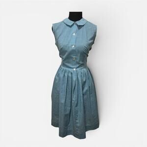 Vintage 50s Pastel Blue Cotton Collar Fit & Flare Shirt Dress | Small